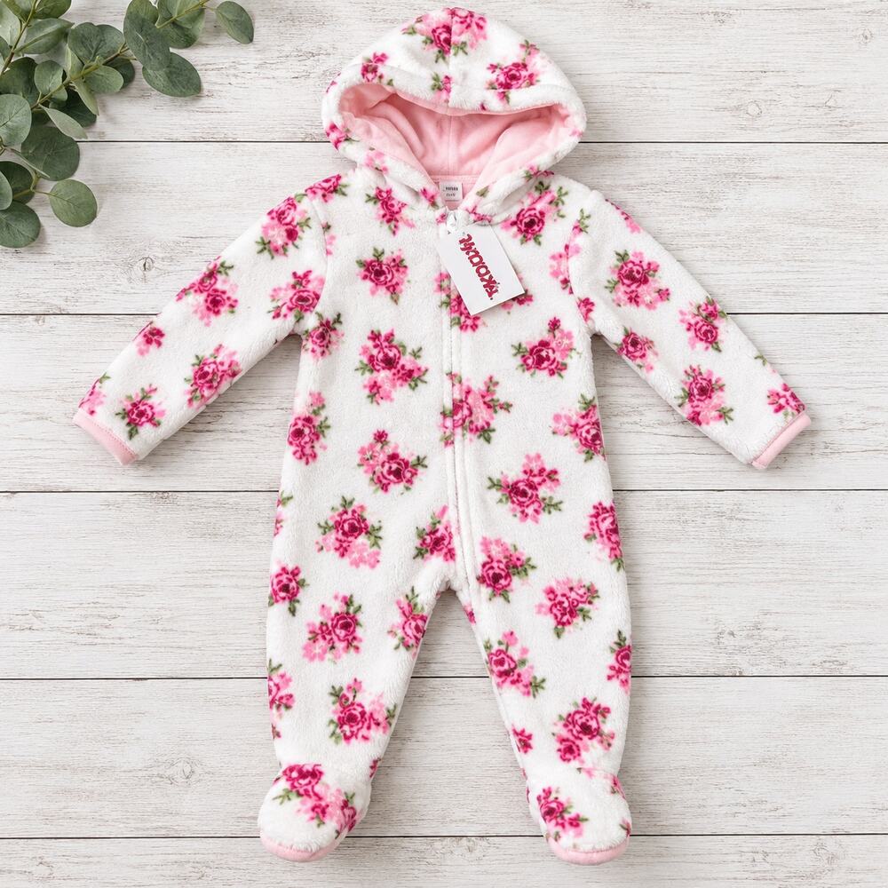 Little Beginnings Baby Girls Floral Fleece Hooded Footed Sleeper 6–9 Months NWT